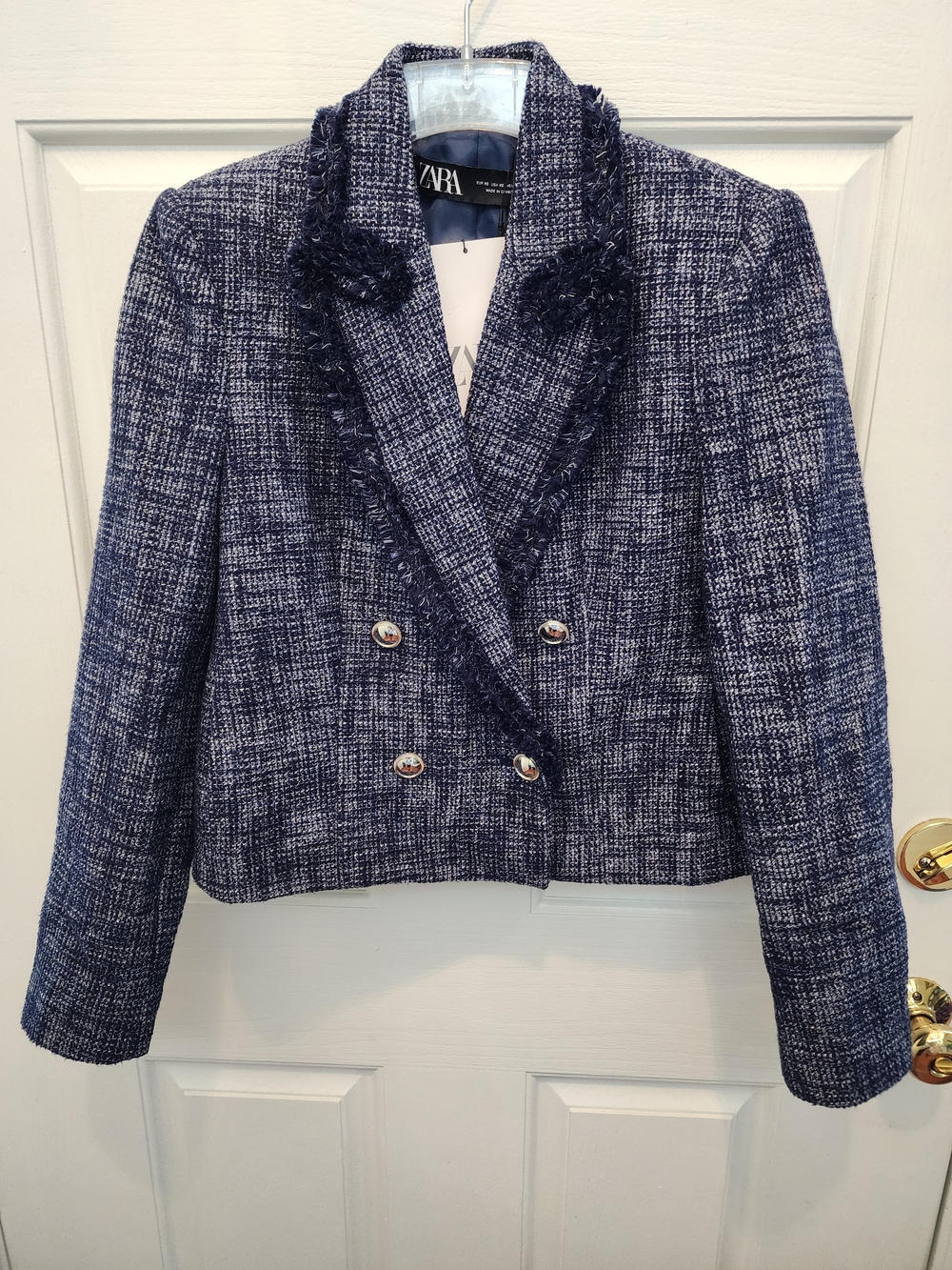 Zara Navy & White Tweed Double-Breasted Blazer with Fringe Trim